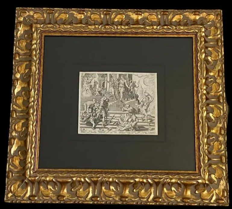 Maarten Van Heemskerck 1560 Destruction of The Temple Plate Signed Engraving: This rare 16th-century engraving by the Northern Renaissance master Maarten Van Heemskerck depicts the dramatic biblical scene of the destruction of the temple. Known for his "Mannerist" style, Heemsk