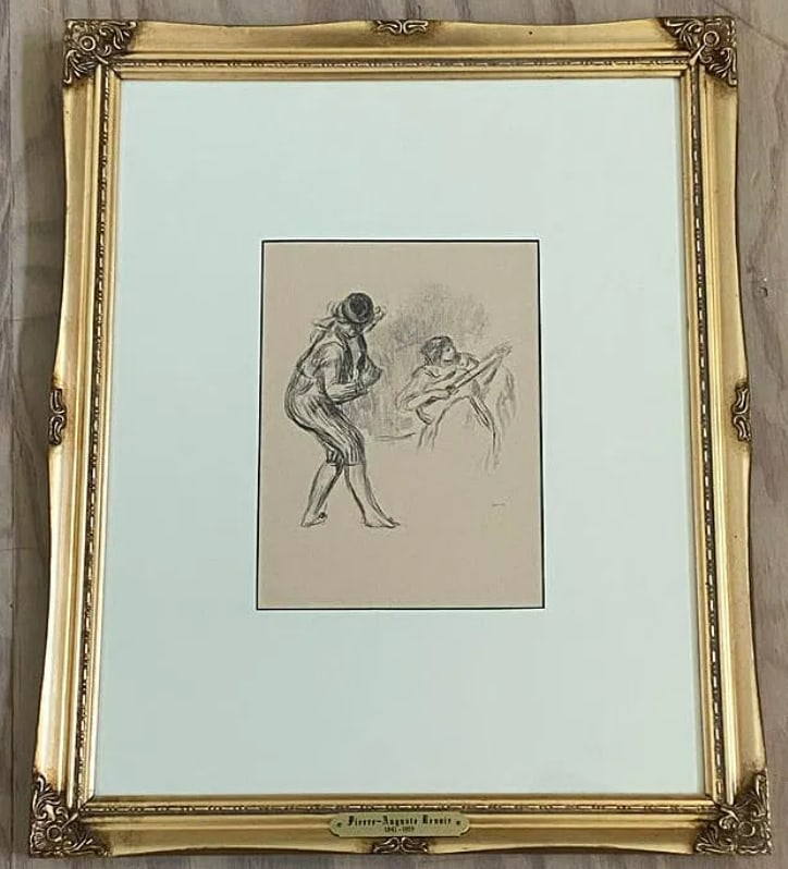 Pierre-Augusta Renoir 1919 Musicians Offset Lithograph COA: This 1919 offset lithograph, Musicians, is a charming example of Renoir’s ability to capture the joy of social life. The composition focuses on the communal experience of music, rendered with the