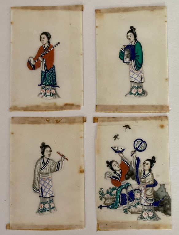 19th Century Chinese Rice Paper Pith Paintings: This rare collection features a set of four antique Chinese "rice paper" paintings, which are more accurately known as pith paper watercolors. These delicate works represent the peak of 19th-century