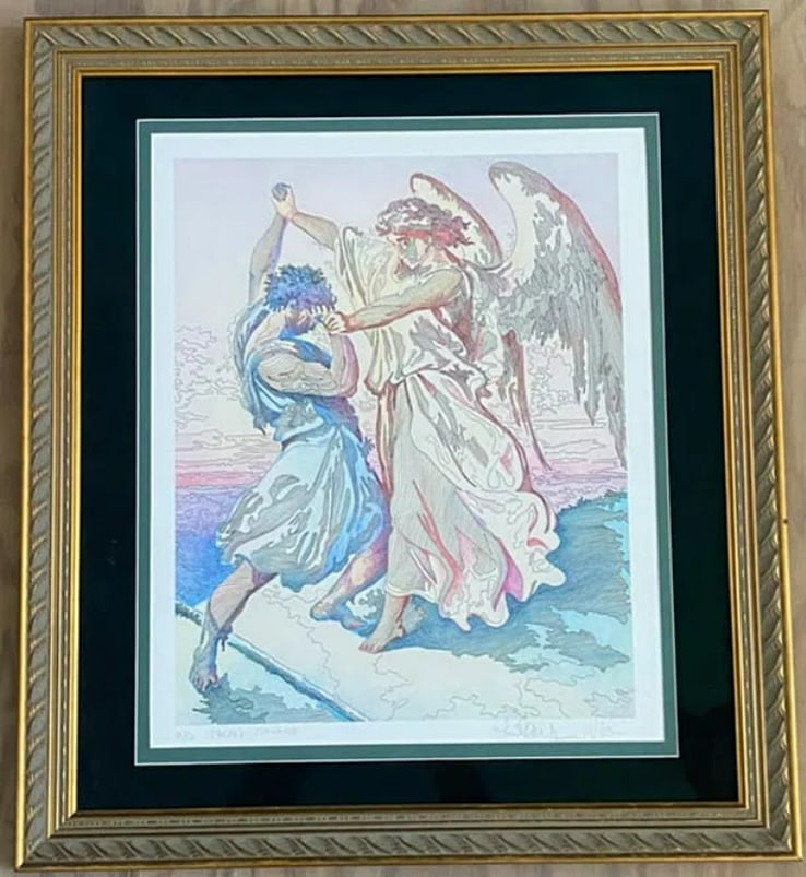 Guillaume Azoulay 2003 Jacob's Struggle Serigraph 10/50: These lots feature works from Guillaume Azoulay’s acclaimed 2003 Bible Suite. Using his signature "lineomism" technique, Azoulay reinterprets biblical narratives through a flurry of energetic,