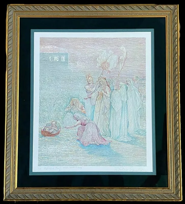 Guillaume Azoulay 2003 Moses Found Publishers Proof Serigraph 3/5: These lots feature works from Guillaume Azoulay’s acclaimed 2003 Bible Suite. Using his signature "lineomism" technique, Azoulay reinterprets biblical narratives through a flurry of energetic, vibra