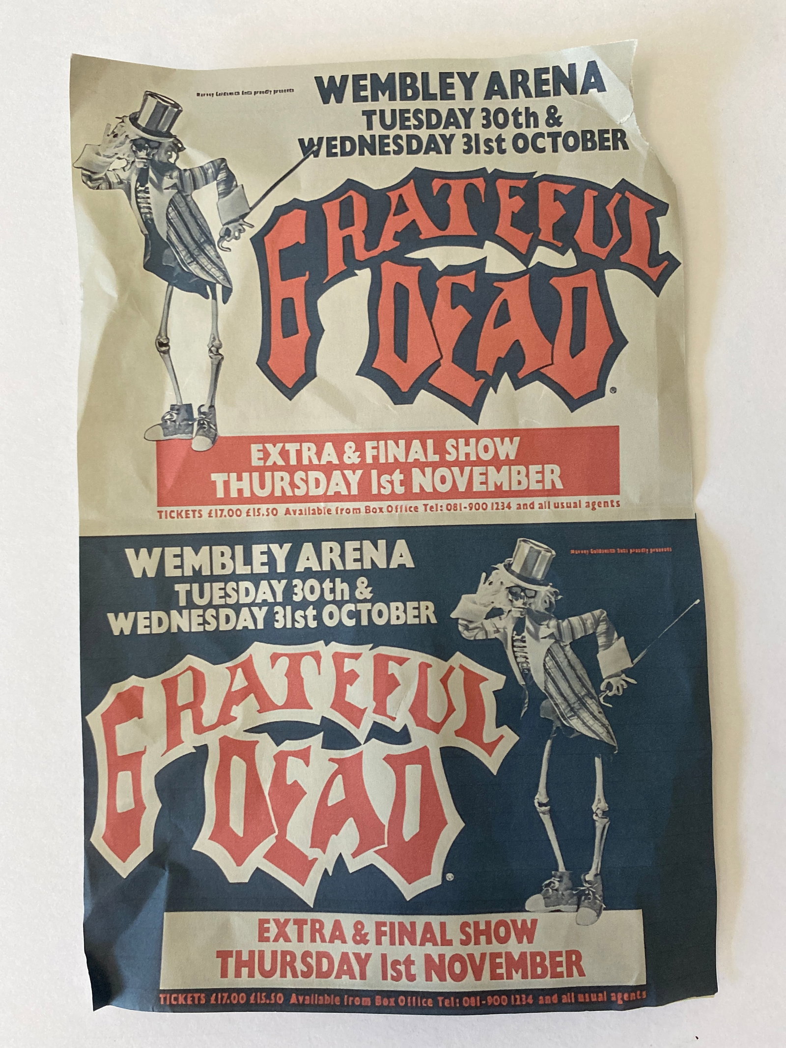 Grateful Dead Wembley Stadium Concert Flyer: Original concert flyer promoting a Grateful Dead performance at Wembley Stadium. Measures 9.25x6.25