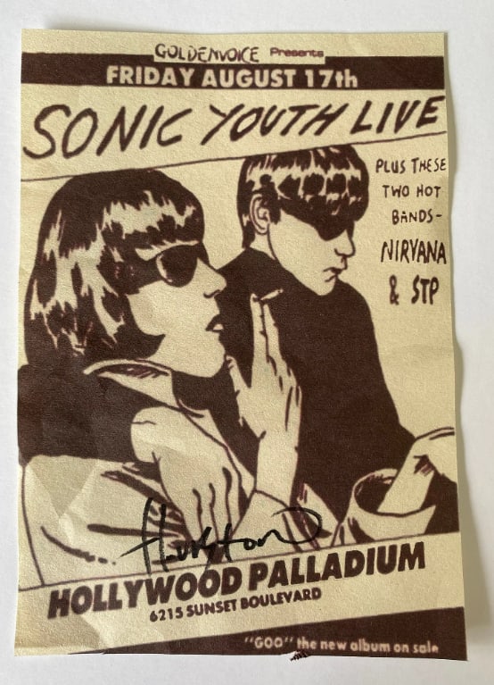 Sonic Youth Signed Concert Handbill: Concert handbill signed by member of Sonic Youth, highlighting the band’s role in experimental and indie rock history. Measures 5x7