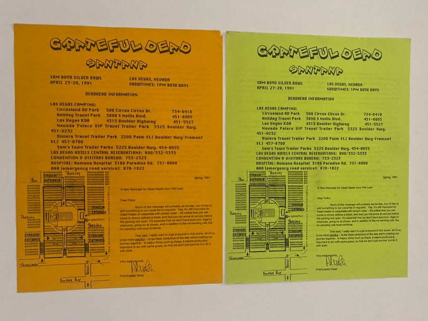 Grateful Dead 1991 Las Vegas Deadhead Information Flyers: Group of 1991 Las Vegas Deadhead information flyers associated with Grateful Dead concerts, featuring fan-oriented travel, lodging, and event information tied to the touring community.