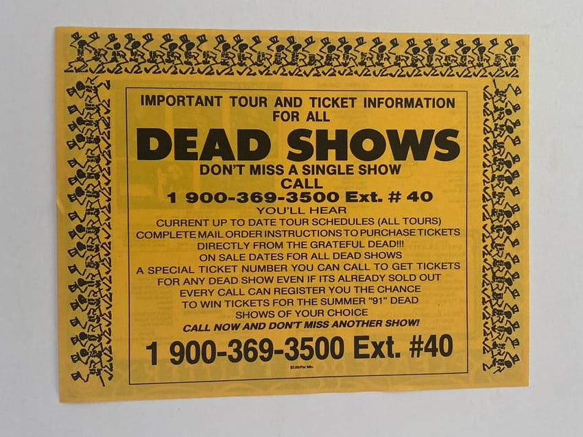 Grateful Dead 1992 Ticket Order Flyer: Original 1992 ticket order flyer issued for Grateful Dead performances, representing pre-digital concert ticket purchasing and vintage tour ephemera.