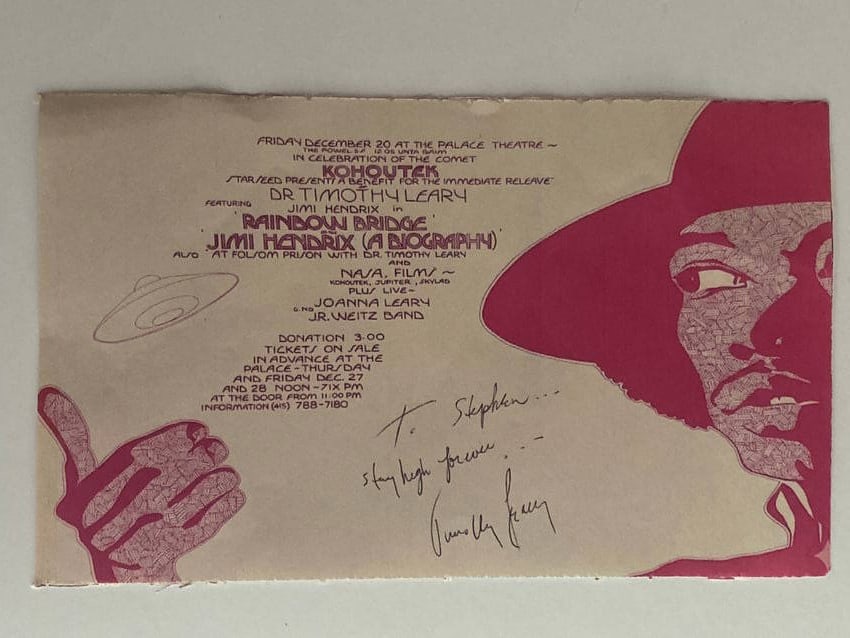 Timothy Leary signed Jimmy Hendrix Rainbow bridge event flyer: Measures 9.75x6