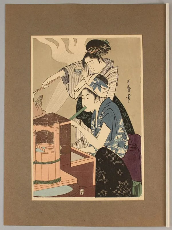 19th Century Suzuki Harunobu Japanese Woodblock Print: measuring approximately 10.75" x 7.25".