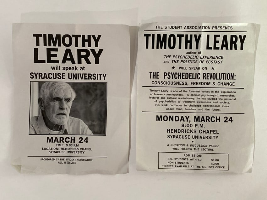 Timothy Leary 1994 Syracuse University Event Flyers: 1994 Syracuse University event flyers featuring Timothy Leary, tied to the influential counterculture figure?s late-career lectures and public appearances. Each measures 8.5x11