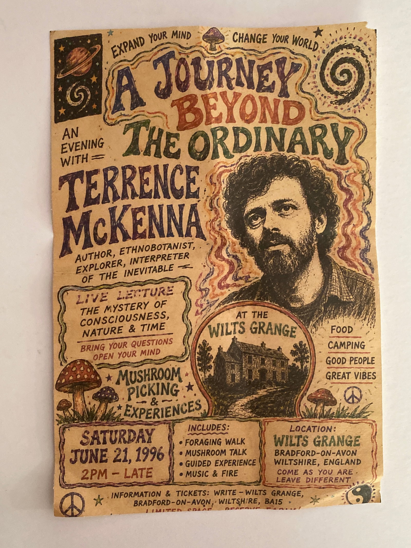 Terrence McKenna California Event Flyer: An excellent find for collectors of counterculture history and modern philosophy, this original Terrence McKenna California Event Flyer is a compelling piece of ephemera. Celebrating the legacy of