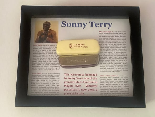 Sonny Terry Owned and Played Harmonica: Harmonica owned and played by Sonny Terry, the legendary blues harmonica player known for his energetic whoops and train-imitating techniques. This was purchased by us directly from the Terry Estate.