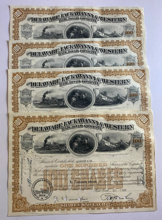 The Delaware Lackawanna Railroad Company Stock Certificate: Set of 4
