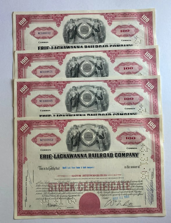 Eerie Lackawanna Railroad Company Stock Certificate: Set of 4