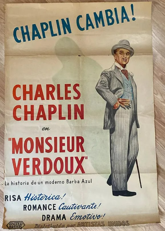 Charlie Chaplin Monsieur Verdoux Movie Poster: Charlie Chaplin movie poster. Chaplin was one of the defining figures of silent film and is best known for the Tramp character and films such as The Kid, City Lights, Modern Times, and The Great Dicta