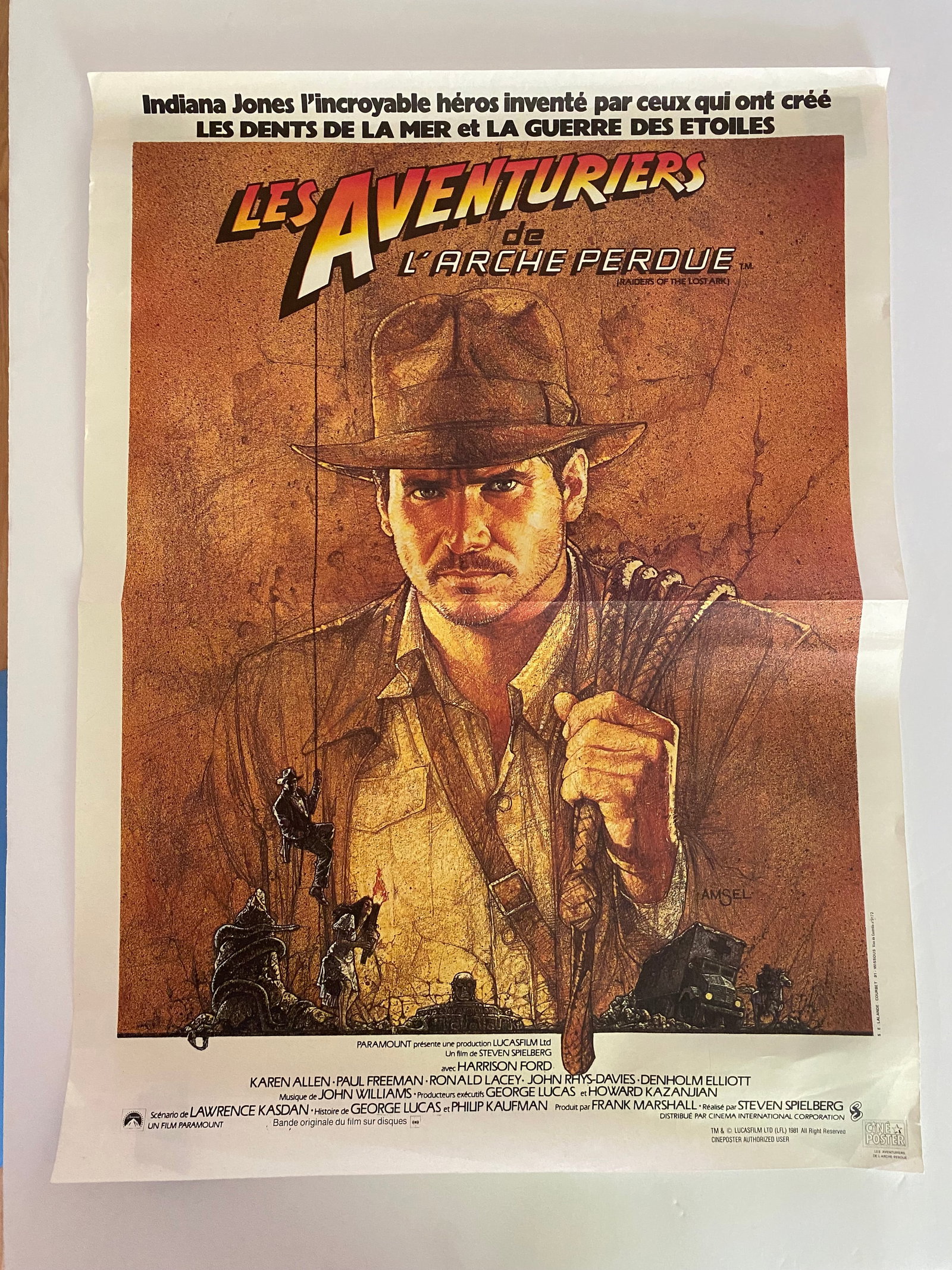 Raiders of the Lost Ark Original Movie Poster: Original French theatrical poster for Raiders of the Lost Ark starring Harrison Ford. Measures measures 21 x 15.75.