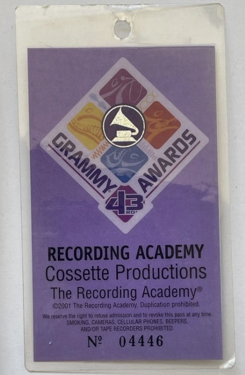 The Grammys 2001 Crew Backstage Pass: The Grammys 2001 Crew Backstage Pass – Original crew backstage pass from the 2001 Grammy Awards, providing access to one of the entertainment industry's premier events. A scarce collectible for