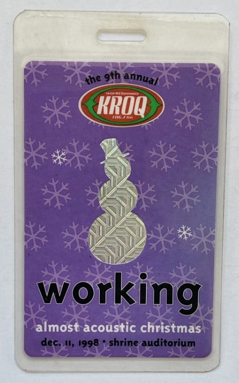 Almost Acoustic Christmas 1998 Crew Backstage Pass: Almost Acoustic Christmas 1998 Crew Backstage Pass – Original crew backstage pass from KROQ's 1998 Almost Acoustic Christmas concert. A rare piece of alternative rock memorabilia from one of