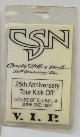 Crosby Stills and Nash VIP Backstage Pass: Crosby, Stills & Nash VIP Backstage Pass – Original VIP backstage pass issued for Crosby, Stills & Nash, providing premium access to the legendary folk rock group's concert. A highly