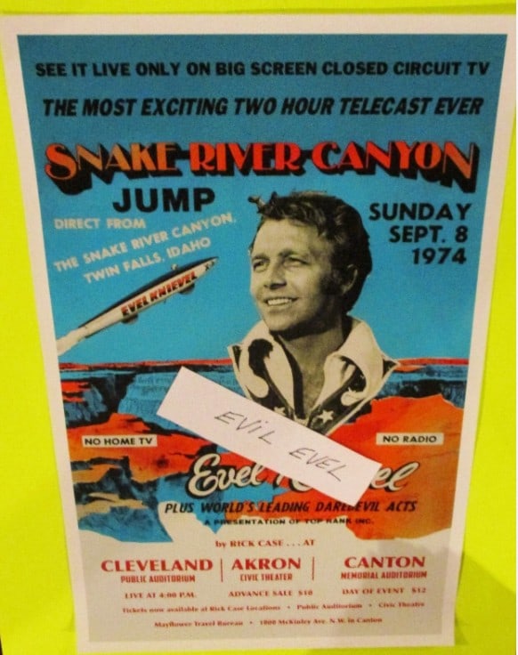 Evel Knievel Snake River Jump Original Poster: Original Poster Measures 16x24. This is a very rare poster and consignor doesn't want it copied. So we put the tab of paper over the poster to prohibit this.