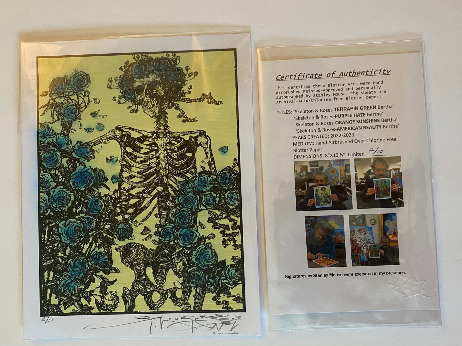 Stanley Mouse Signed Hand Painted Blotter Art COA: comes with photos of Mouse with art and COA