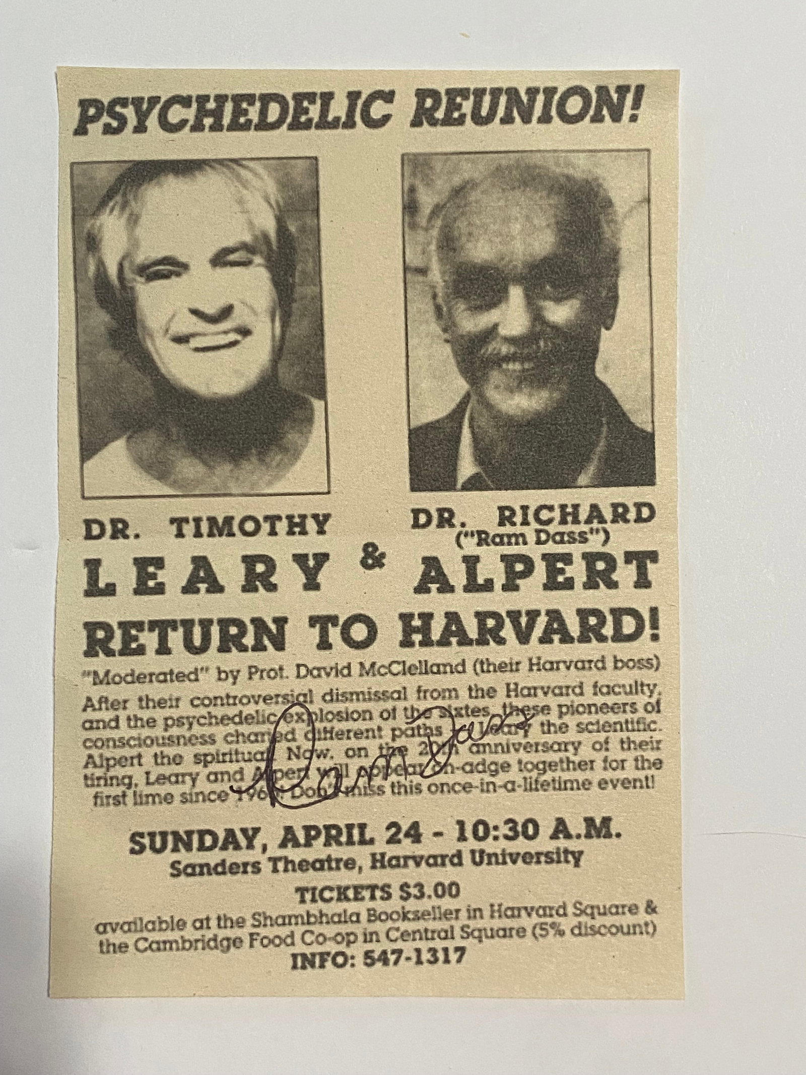 Ram Dass Signed Timothy Leary Harvard Flyer: Measures 6.5x4.5