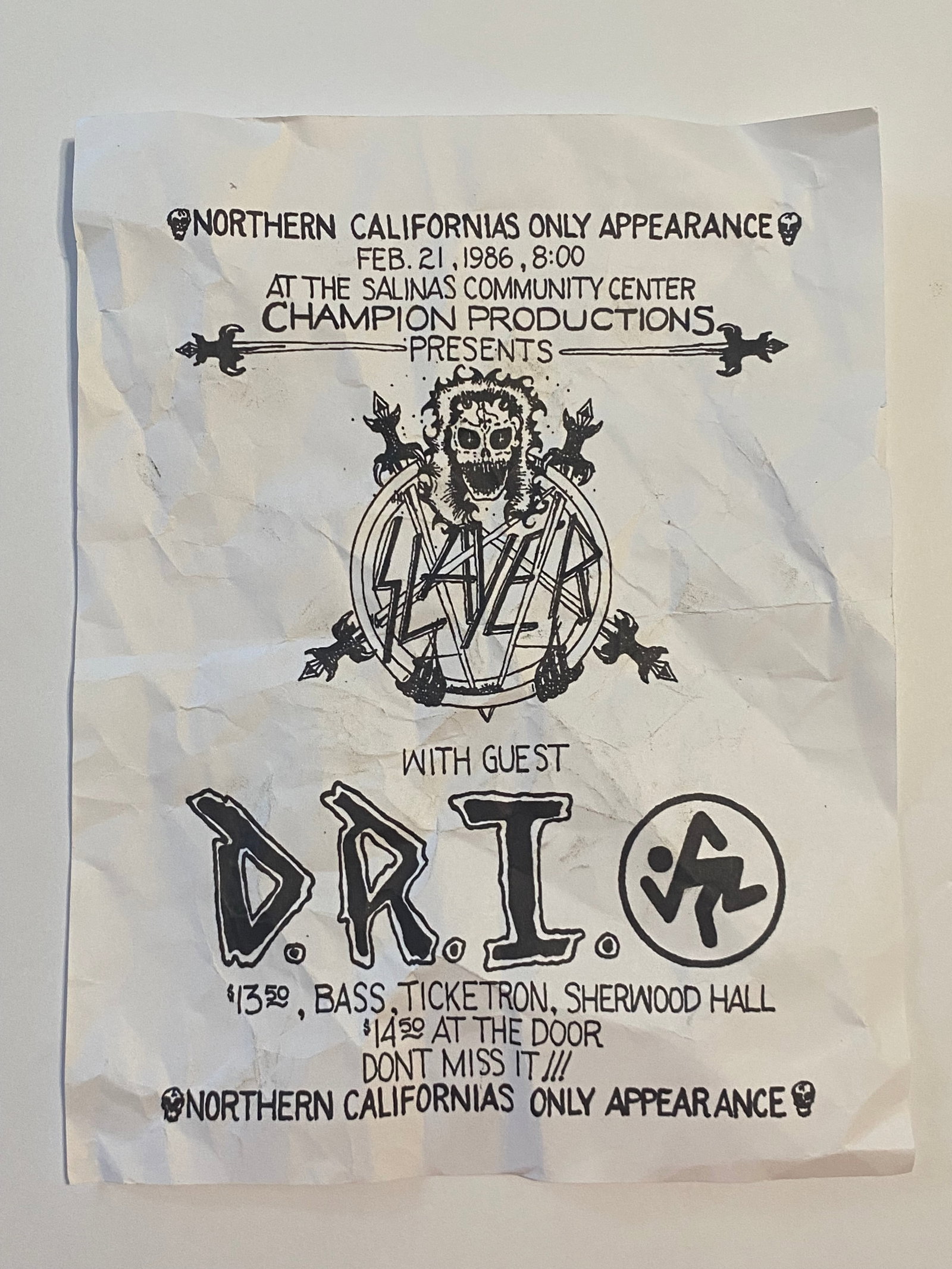 Slayer DRI Salinas Ca Cocnert Flyer: measures 8.5x11