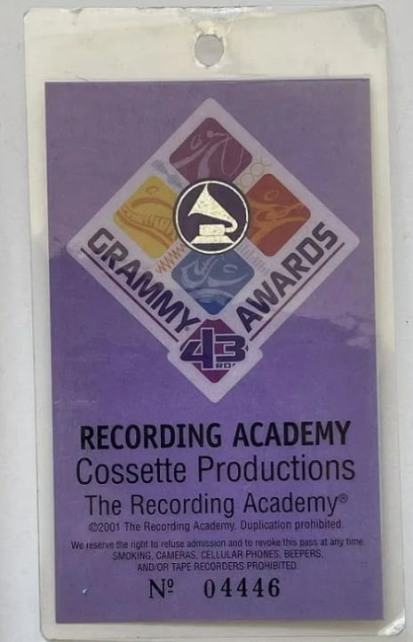 The Grammys 2001 Crew Backstage Pass: This lot features an original Crew Backstage Pass issued for the 2001 Grammy Awards, one of the music industry's most prestigious annual events honoring excellence across all genres. Crew passes were