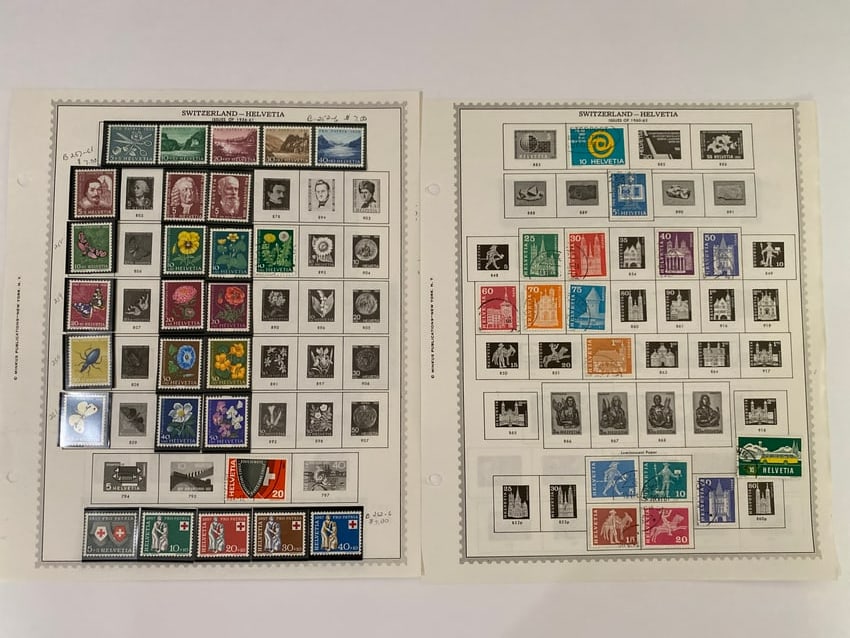 1956-63 Switzerland Helvetia stamps: see pics. The stamps are untouched and are not affixed or attached on the reverse to the stamp album page. A thin strip of stamp tape is currently holding them in place and will be carefully removed