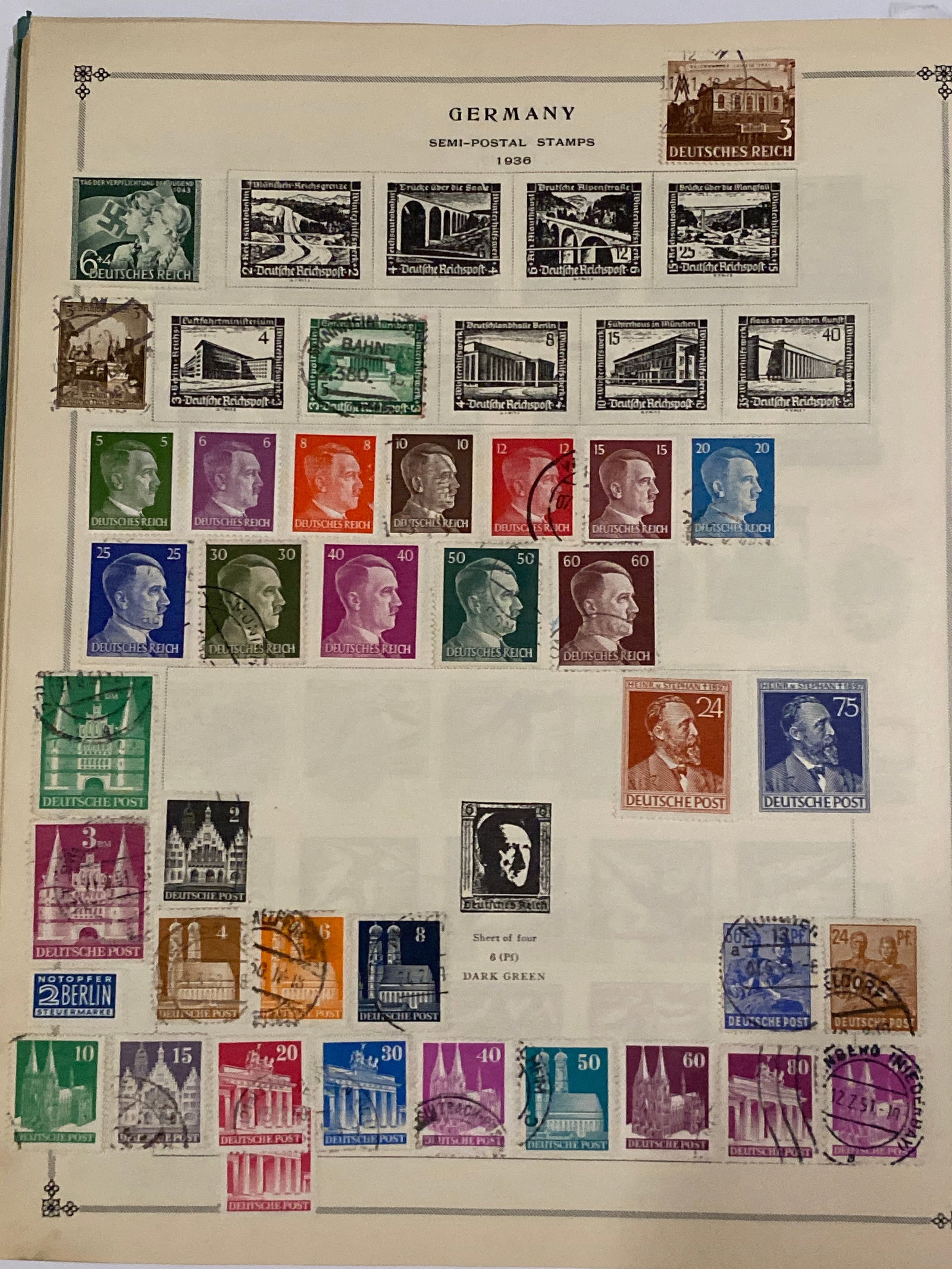 1930's German 3rd Reich Stamp Lot: see pics. The stamps are untouched and are not affixed or attached on the reverse to the stamp album page. A thin strip of stamp tape is currently holding them in place and will be carefully removed p