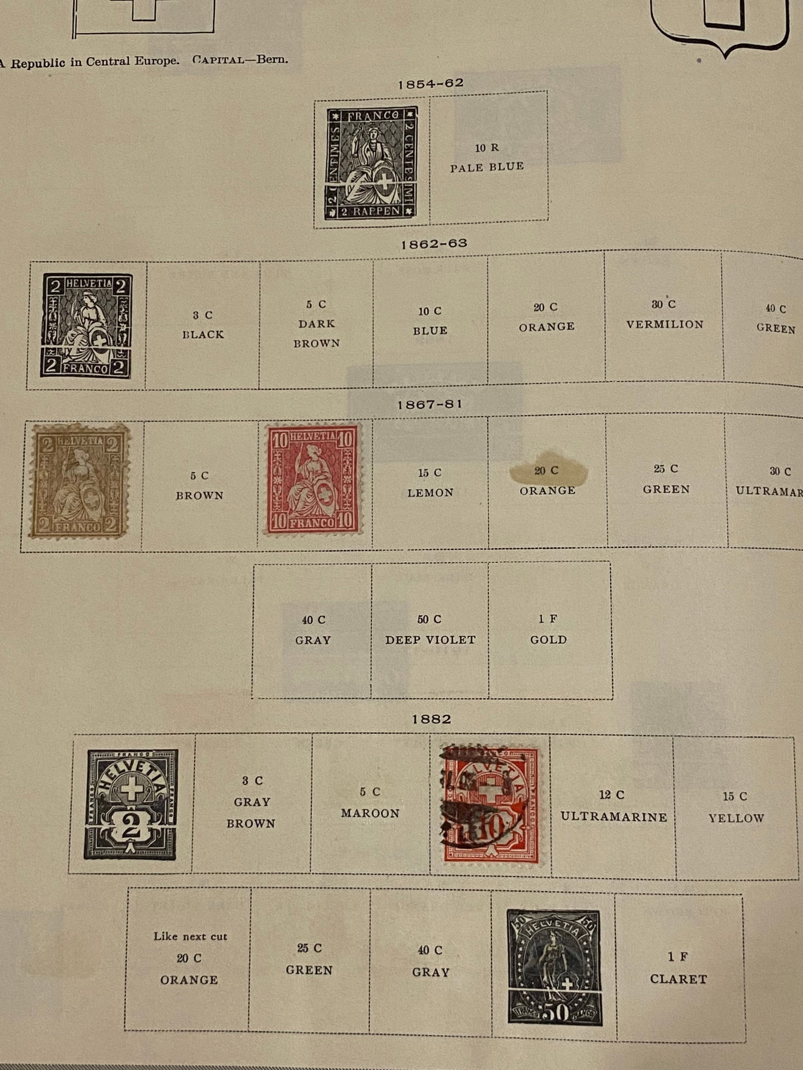 1867-82 Switzerland postage stamps: see pics. The stamps are untouched and are not affixed or attached on the reverse to the stamp album page. A thin strip of stamp tape is currently holding them in place and will be carefully removed p