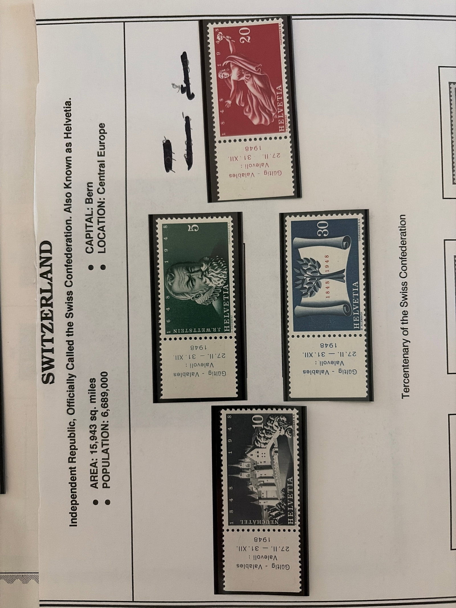 Switzerland 1948 Swiss Confederation Centenary Stamp Set: Group of four 1948 Switzerland commemorative stamps issued for the centenary of the Swiss Confederation, including 5c J.R. Wettstein, 10c Neuchâtel, 20c allegorical figure and 30c centenary design. E