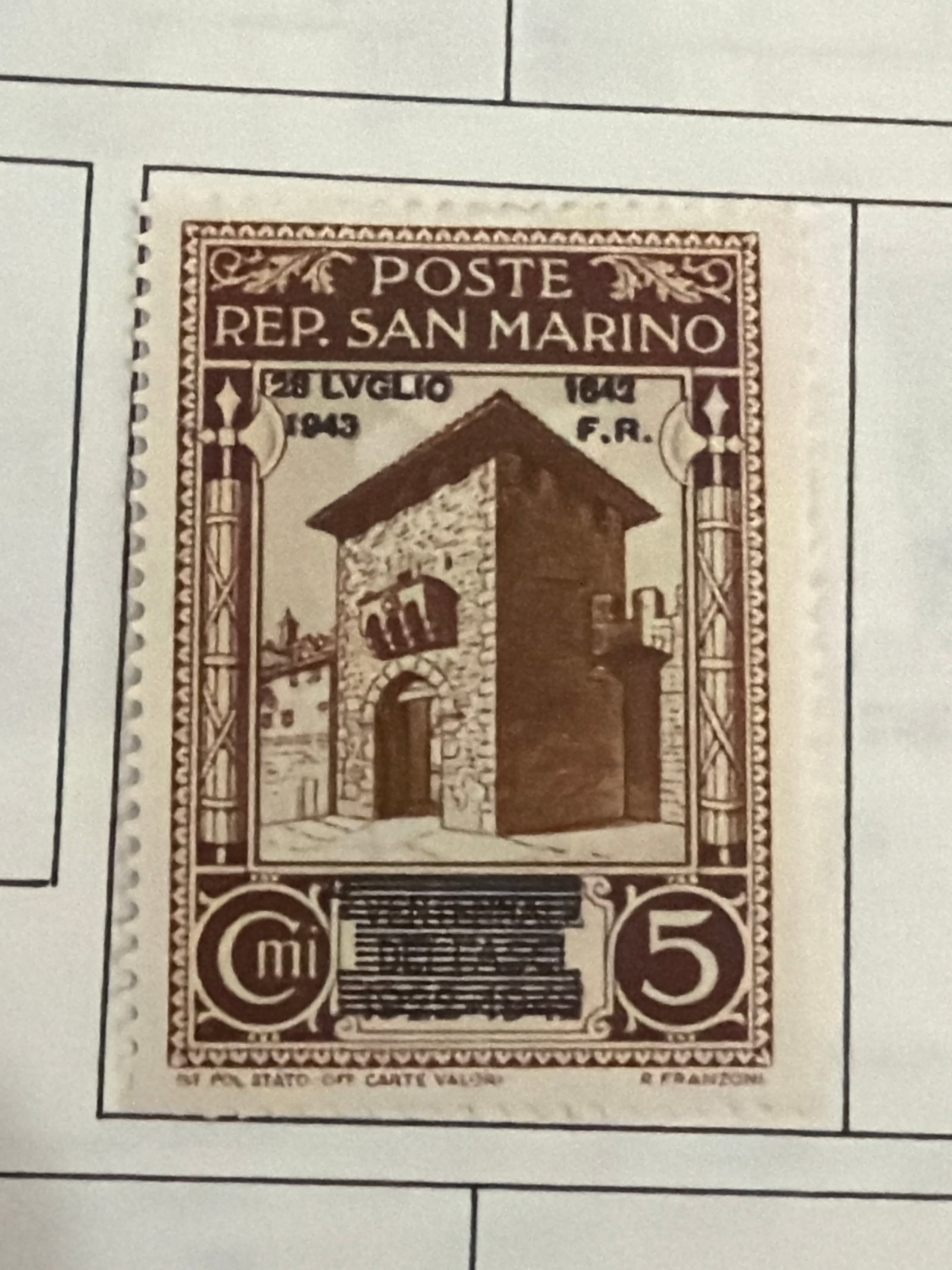 San Marino 1943 5 Lire Fascist Republic Overprint Stamp