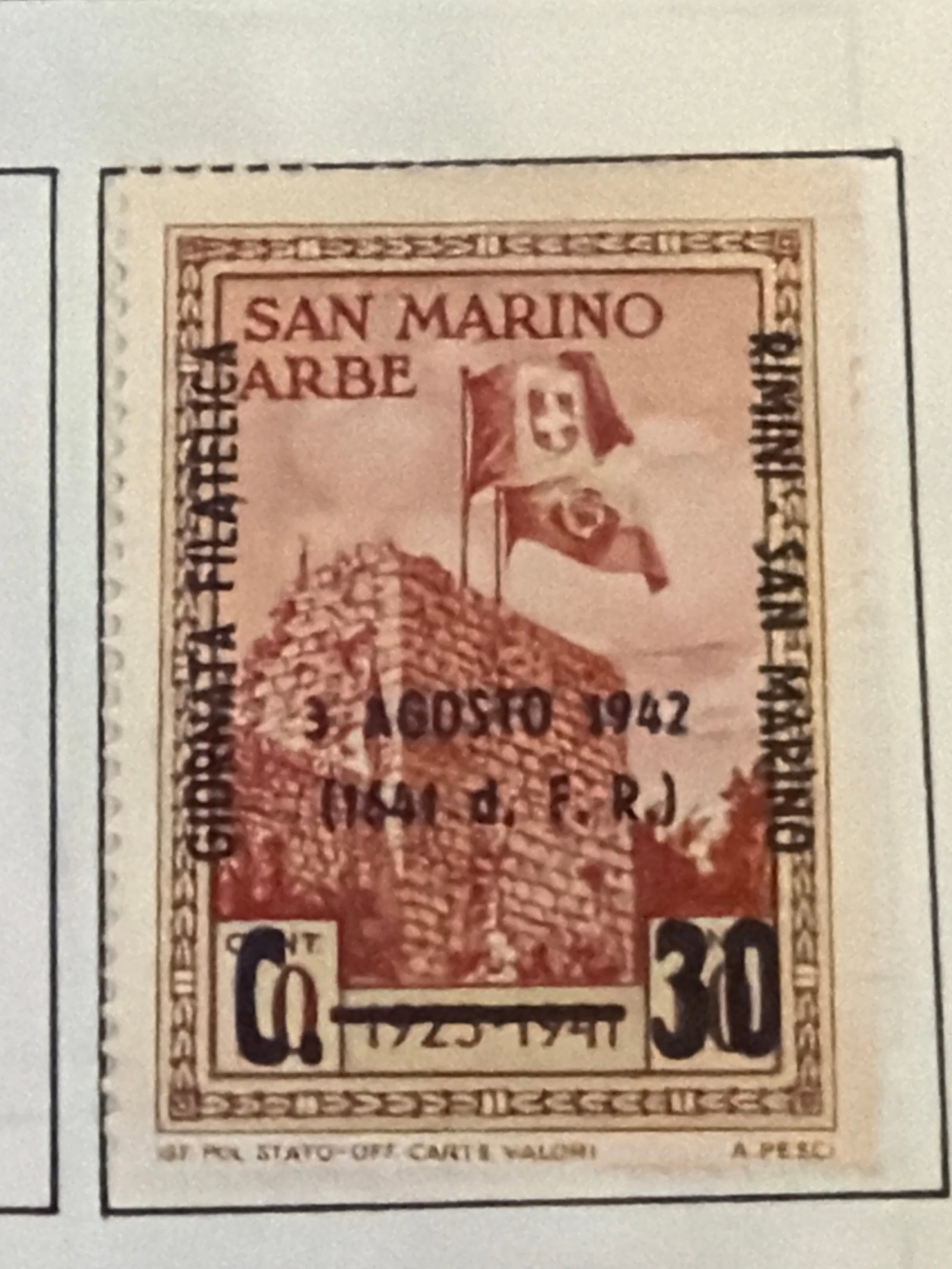 San Marino 1943 30c Fascist Government Wartime Overprint Stamp