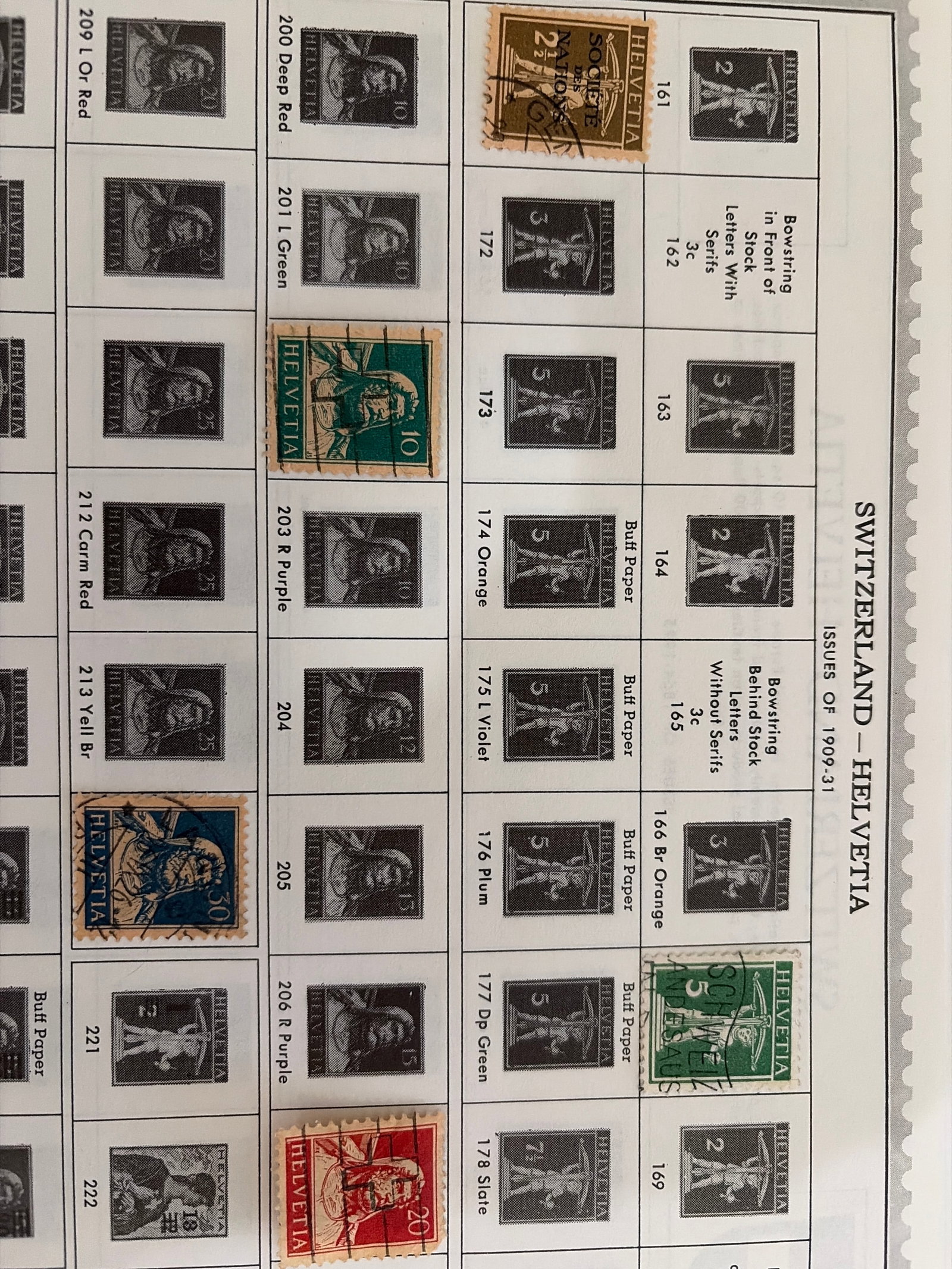 Switzerland Helvetia Early 20th Century Used Stamp Collection 1909–1931: Early 20th-century Switzerland postage stamp group mounted on a specialized album page for issues of 1909–1931. Six used stamps are present, including William Tell and Tell's Son definitive issues i