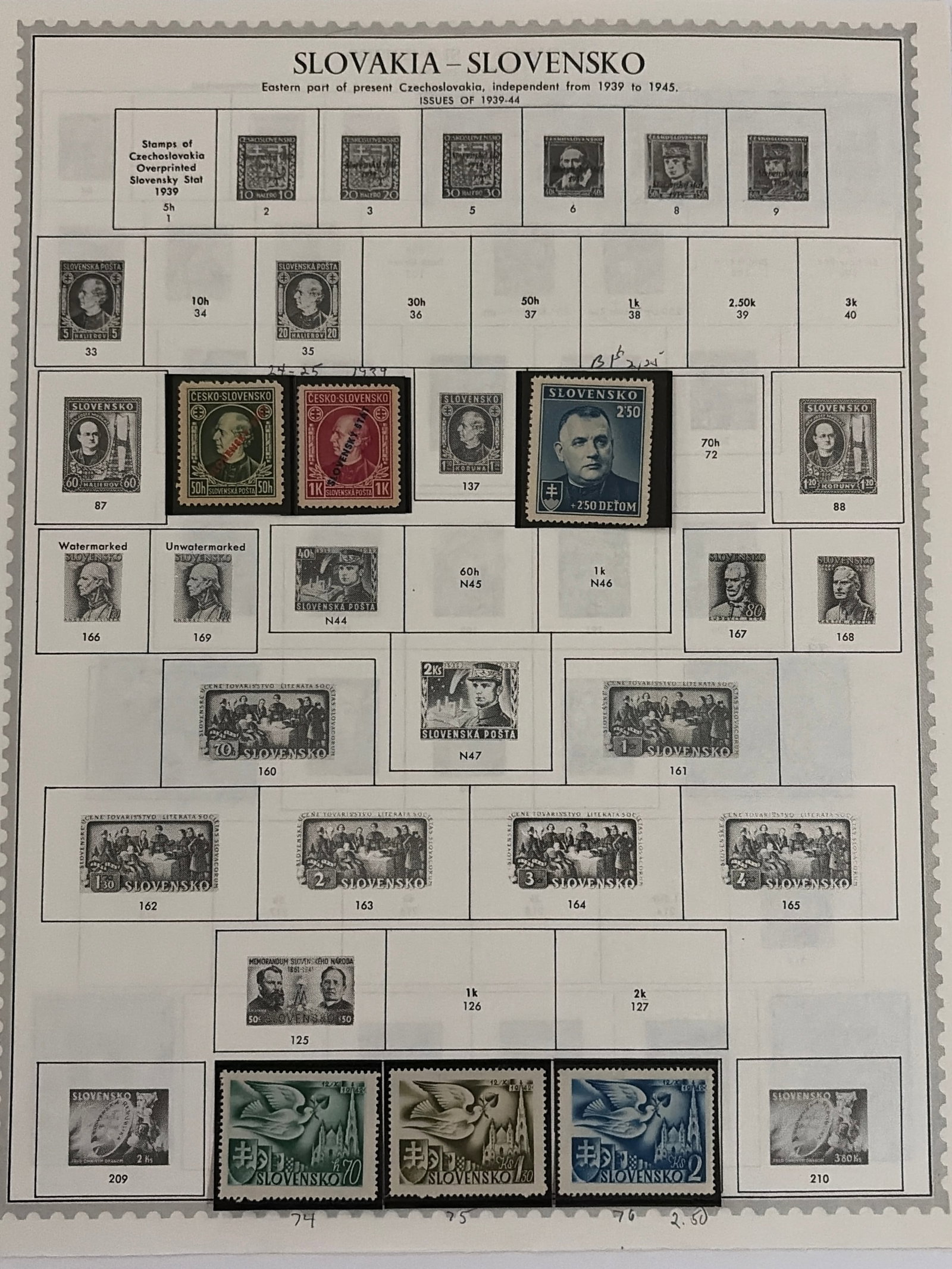 1939-1942 Slovakia WWII Stamp Collection on Album Page: Group of six Slovak stamps comprising two 1939 Czechoslovak President Tom?? Garrigue Masaryk stamps in 50-haler and 1-koruna denominations with ?Slovensk? ?t?t 1939? provisional overprints; a 1939 2.5