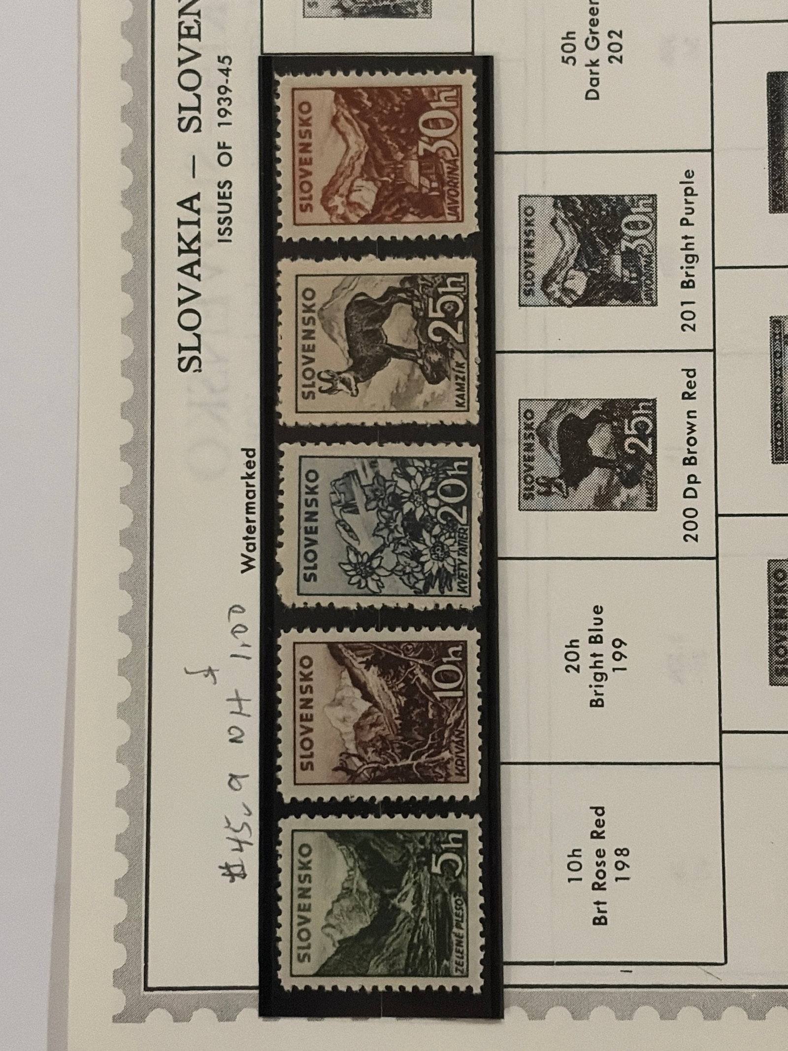 1940 Slovakia Mountain Landscapes Five-Stamp Set: Complete five-stamp Slovak Mountain Landscapes issue featuring scenic views of the Tatra region, forests, alpine plants and wildlife. Includes the 5-, 10-, 20-, 25- and 30-haler denominations in green