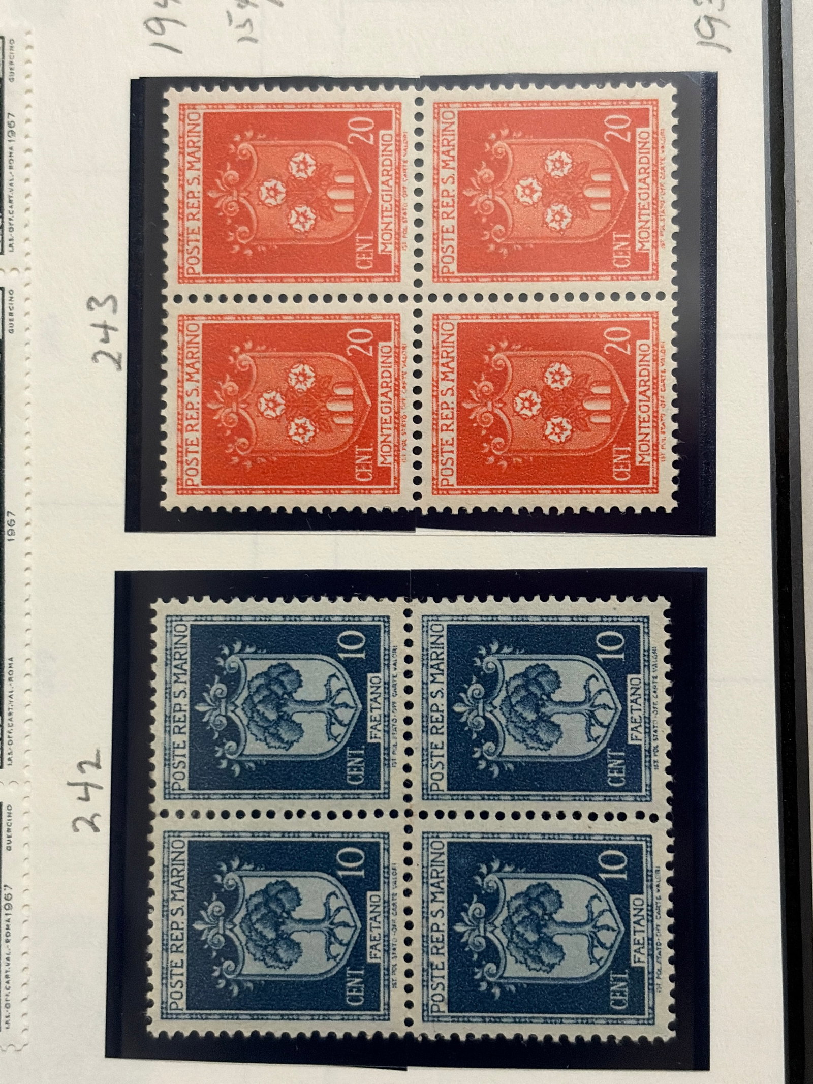 1943-1946 San Marino Provisional Government and UNRRA Stamps: Group of eight San Marino wartime and early postwar stamps. Includes five 1943 Provisional Government overprint issues in 5-centesimi, 10-centesimi, 75-centesimi, 1.25-lire and 25-centesimi airmail de
