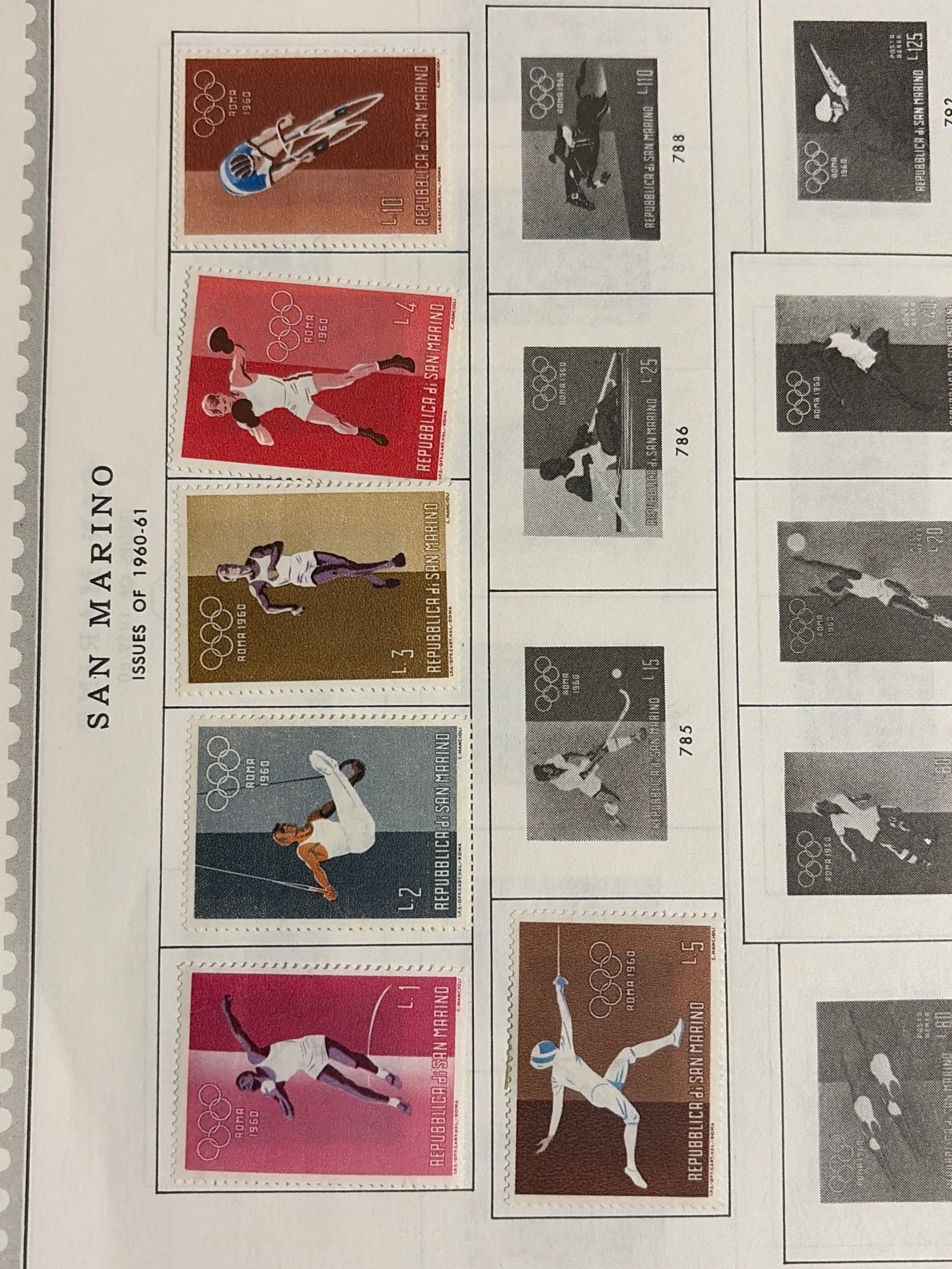 1960 San Marino Rome Olympic Games Stamp Group: Group of six San Marino stamps issued for the 1960 Summer Olympic Games in Rome. The colorful designs depict Olympic sports including fencing, gymnastics, hammer throwing, running, boxing and cycling,
