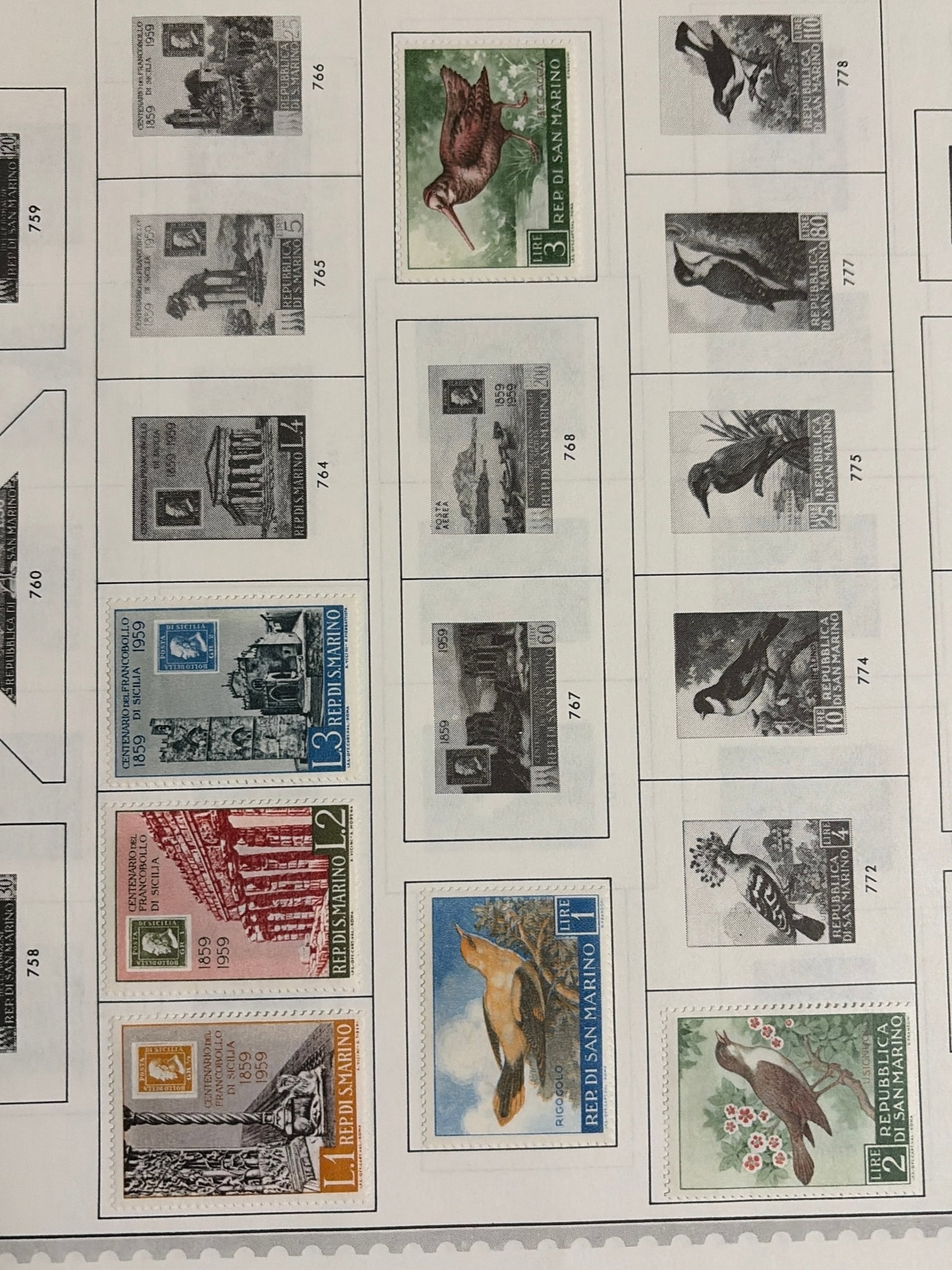 1959-1960 San Marino Architecture and Bird Stamp Group: Group of six San Marino stamps comprising three 1959 architectural and historical commemoratives featuring monuments and classic postage-stamp designs, together with three colorful bird stamps depicti
