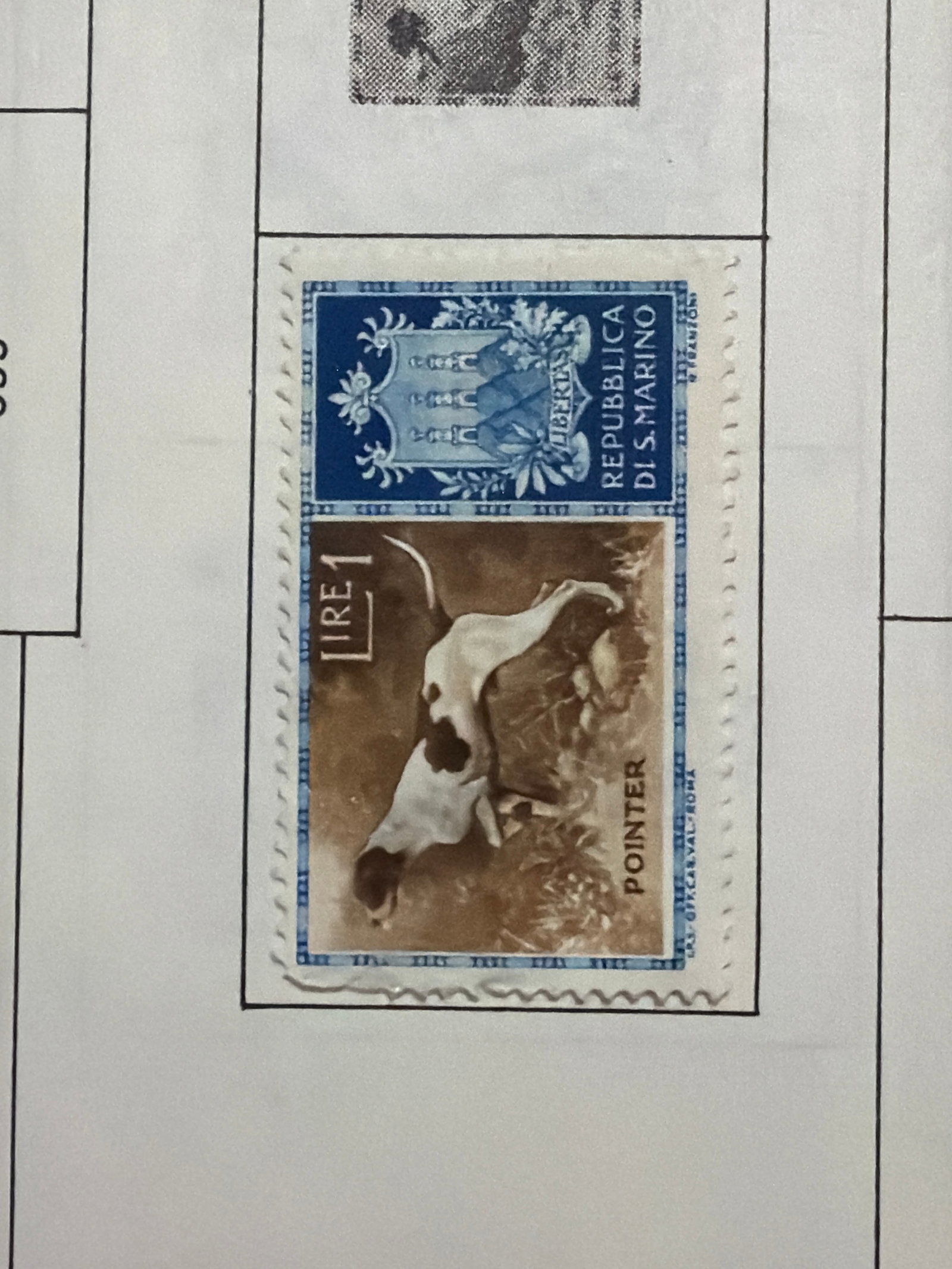1960 San Marino Pointer Hunting Dog 1 Lire Stamp (1 of 1)