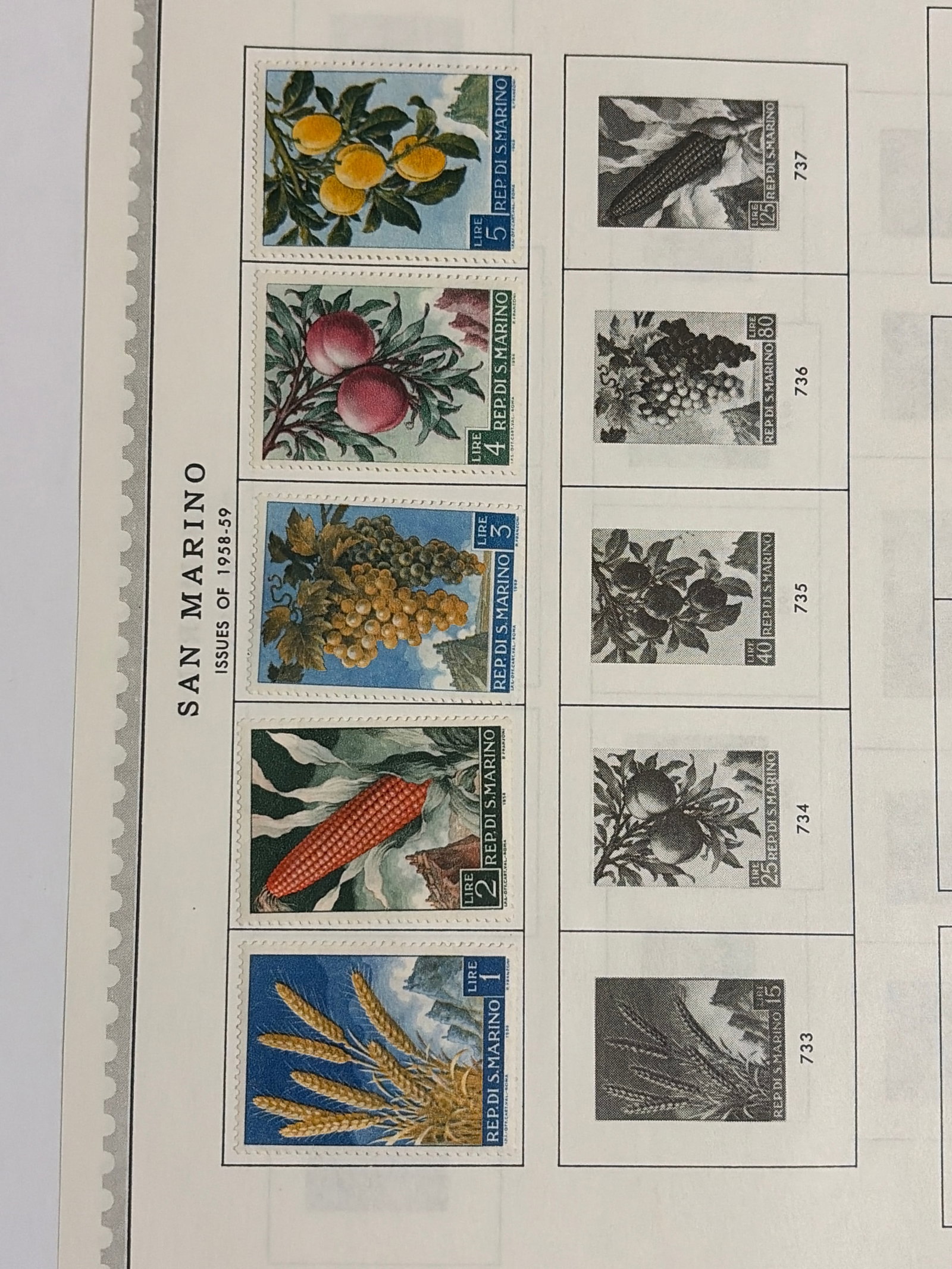 1958 San Marino Agriculture Fruit and Crop Five-Stamp Group: Group of five colorful San Marino agricultural stamps featuring wheat, corn, grapes, peaches and oranges. The group includes the 1-, 2-, 3-, 4- and 5-lire denominations with detailed botanical and