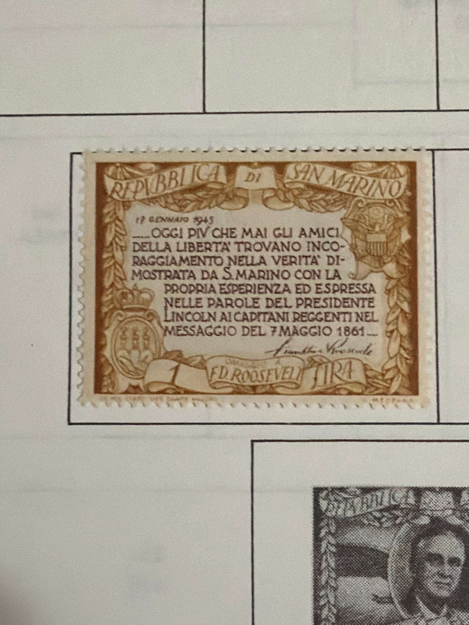 1949 San Marino Universal Postal Union 75th Anniversary 100L Stamp (1 of 1)