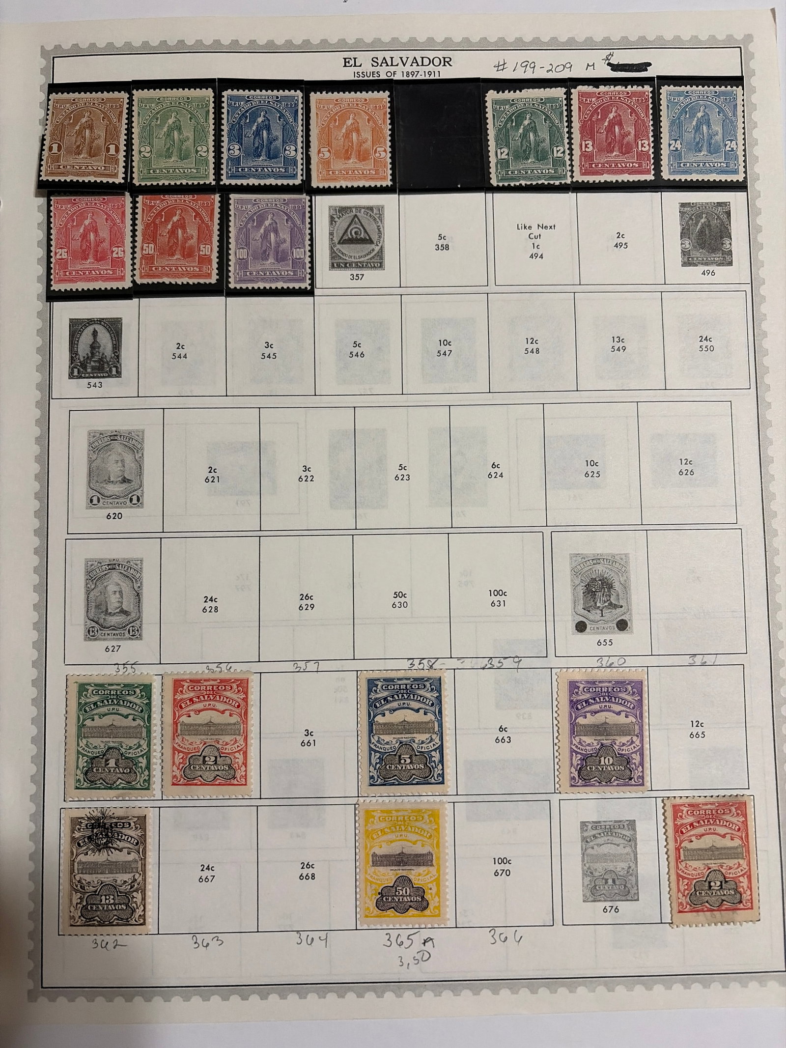 1897-1911 El Salvador Monument Definitive Ten-Stamp Group: Ten El Salvador definitive stamps from the 1897-1911 period featuring a standing national monument within an ornate oval frame. The group includes 1c, 2c, 3c, 5c, 10c, 12c, 13c, 24c, 25c and 50c denom