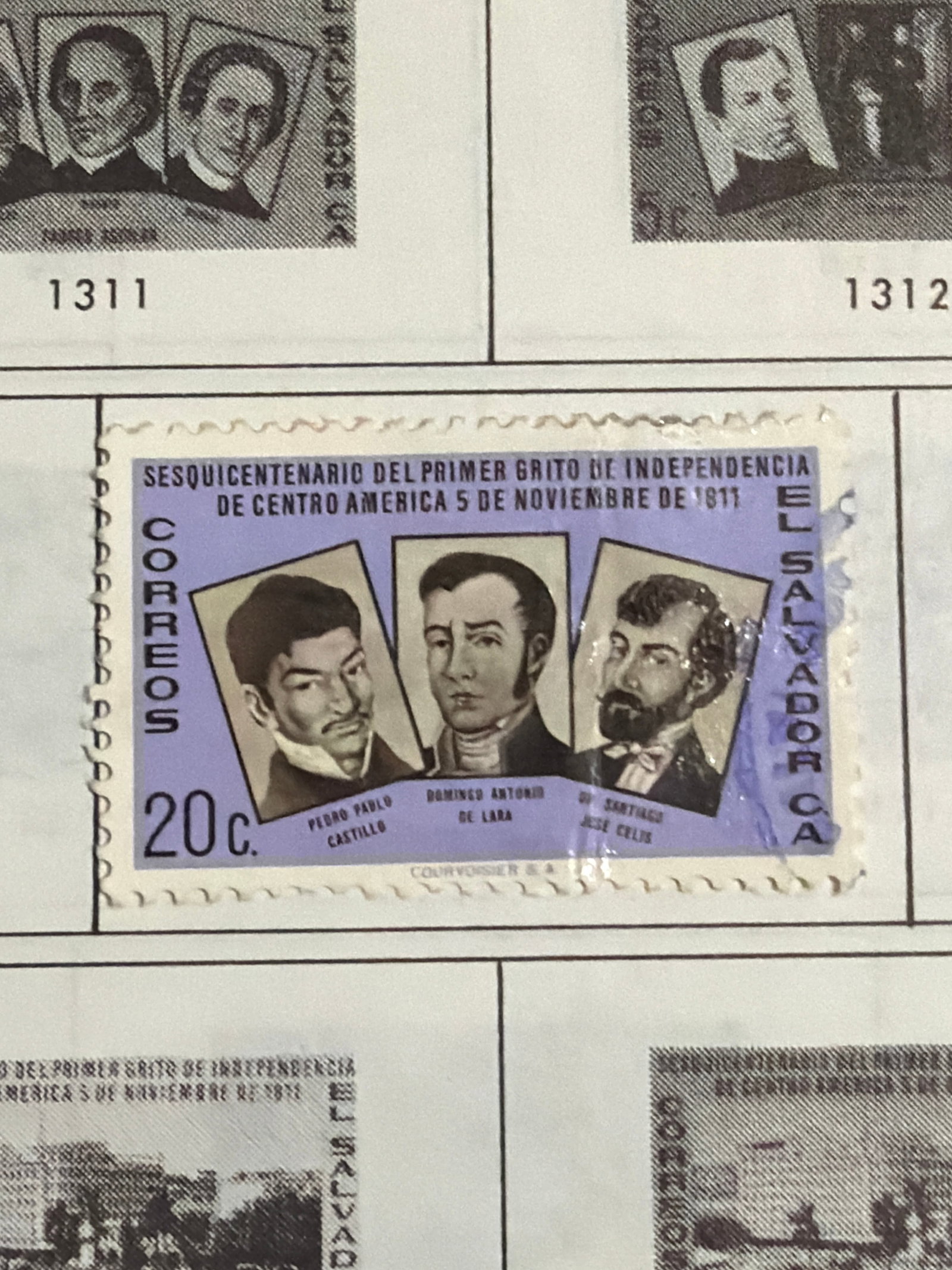 1961 El Salvador Central American Independence Sesquicentennial 20c Stamp: Single 20-centavos El Salvador commemorative marking the 150th anniversary of Central America?s first call for independence on November 5, 1811. The purple and brown design features independence