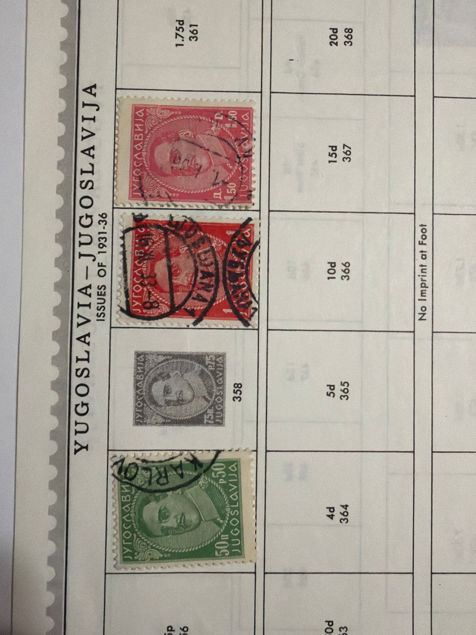 1931 Yugoslavia King Alexander I Portrait Used Stamp Trio: Three Yugoslavia definitive stamps featuring King Alexander I, comprising a green 50-para value and two red or orange-red 1.50-dinar examples. All three stamps display visible postal cancellations, in