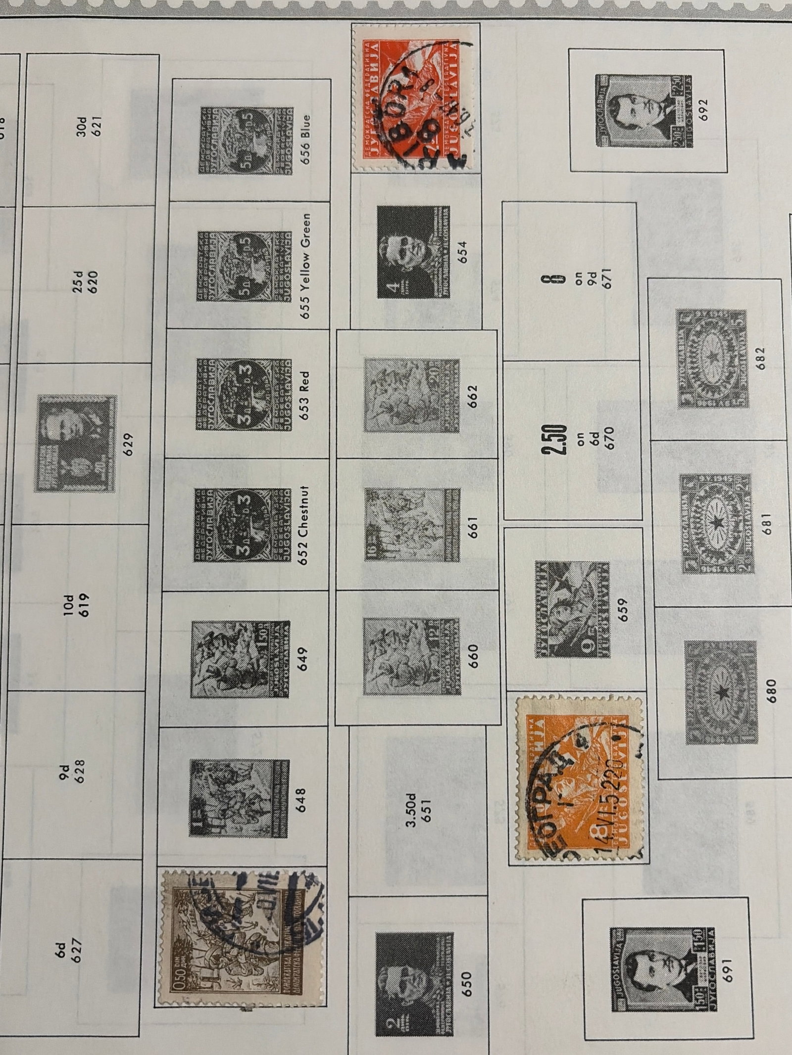 1945-1947 Yugoslavia Liberation and Marshal Tito Used Stamp Group: Three early Federal Yugoslavia stamps comprising a brown 1-dinar liberation or partisan scene, an orange 1-dinar Marshal Tito portrait and a red-orange 4-dinar Tito portrait. The stamps display promin