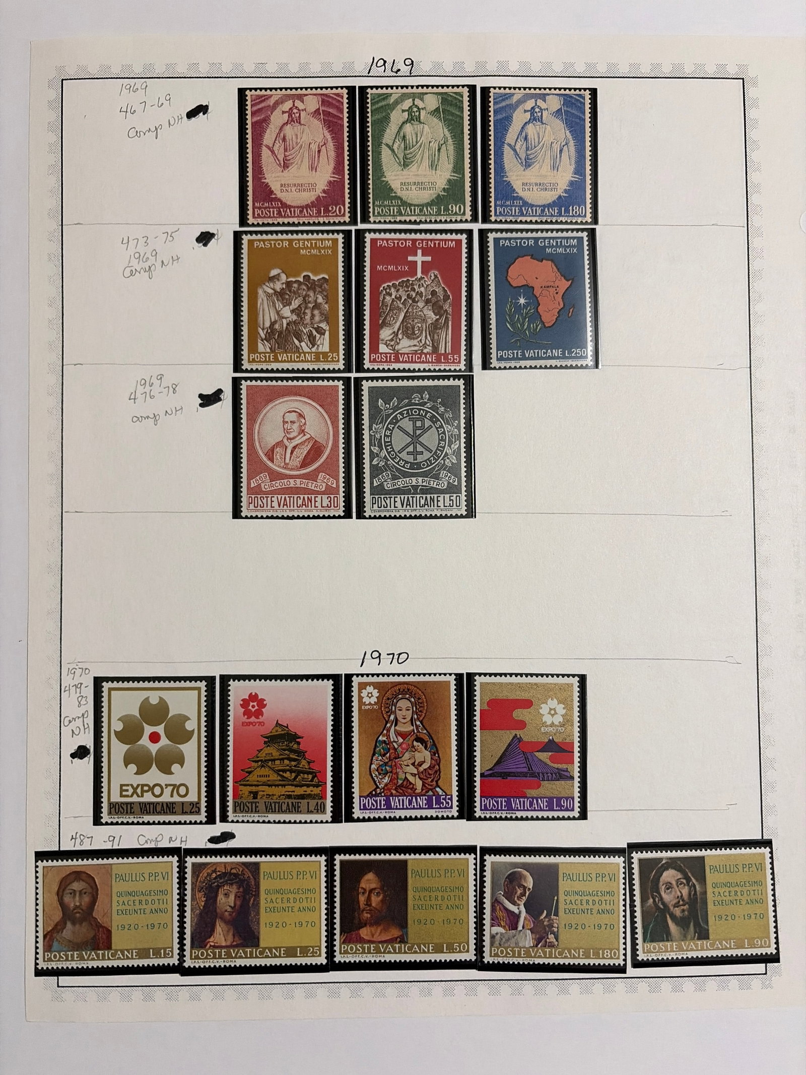 1969-1970 Vatican City Religious Art Expo and Papal Stamp Collection: Collection of 19 Vatican City stamps from 1969 and 1970. The group includes complete issues commemorating the Resurrection of Christ, the Pastor Gentium mission in Africa, the centenary of the Circle 