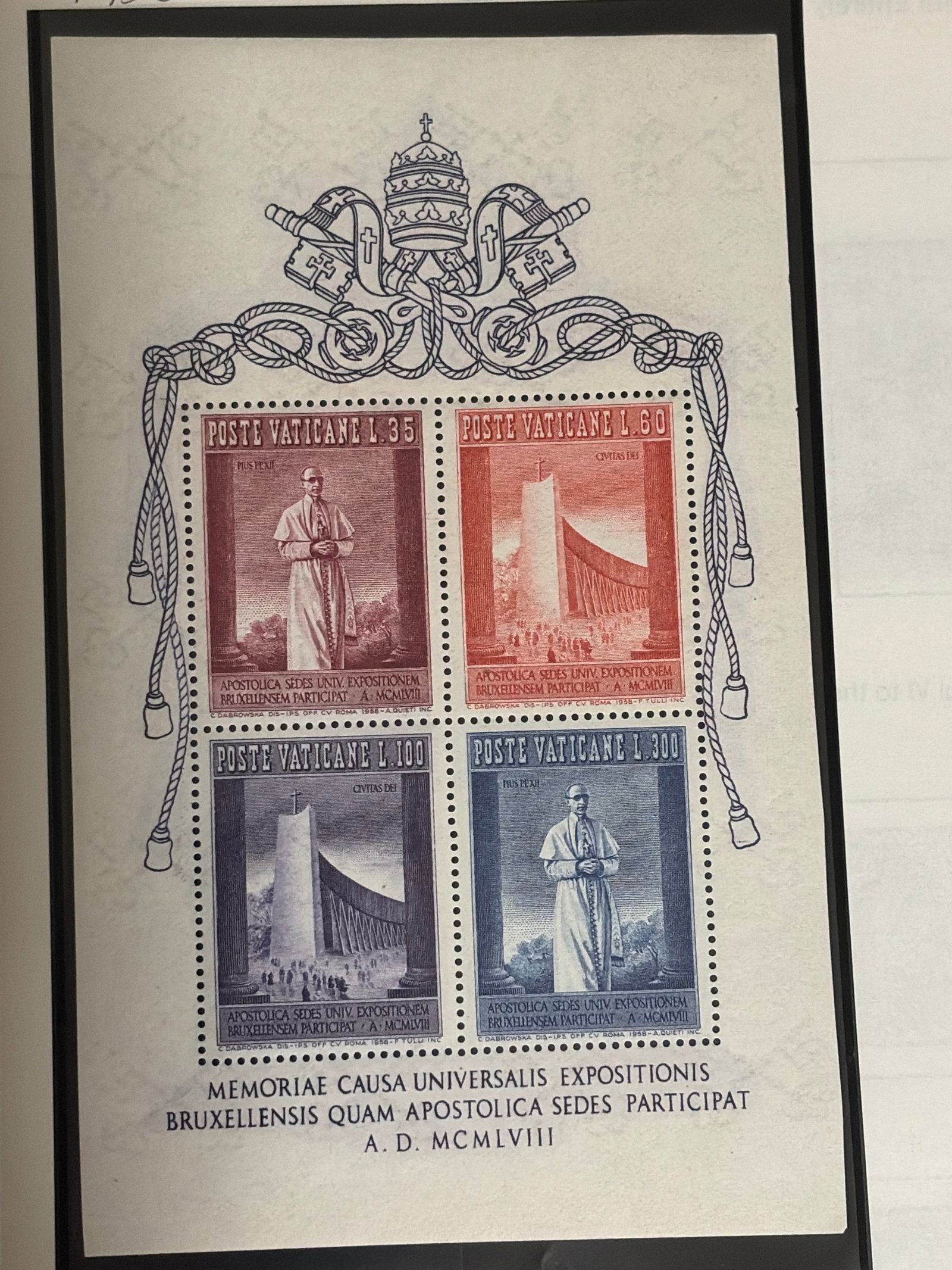 1958 Vatican City Brussels Universal Exposition Four-Stamp Souvenir Sheet (1 of 1)