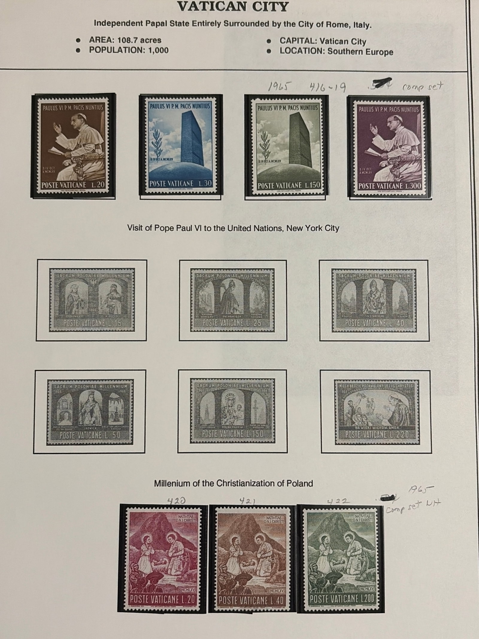 1965 Vatican City Pope Paul VI United Nations Visit and Nativity Stamp Sets (1 of 1)