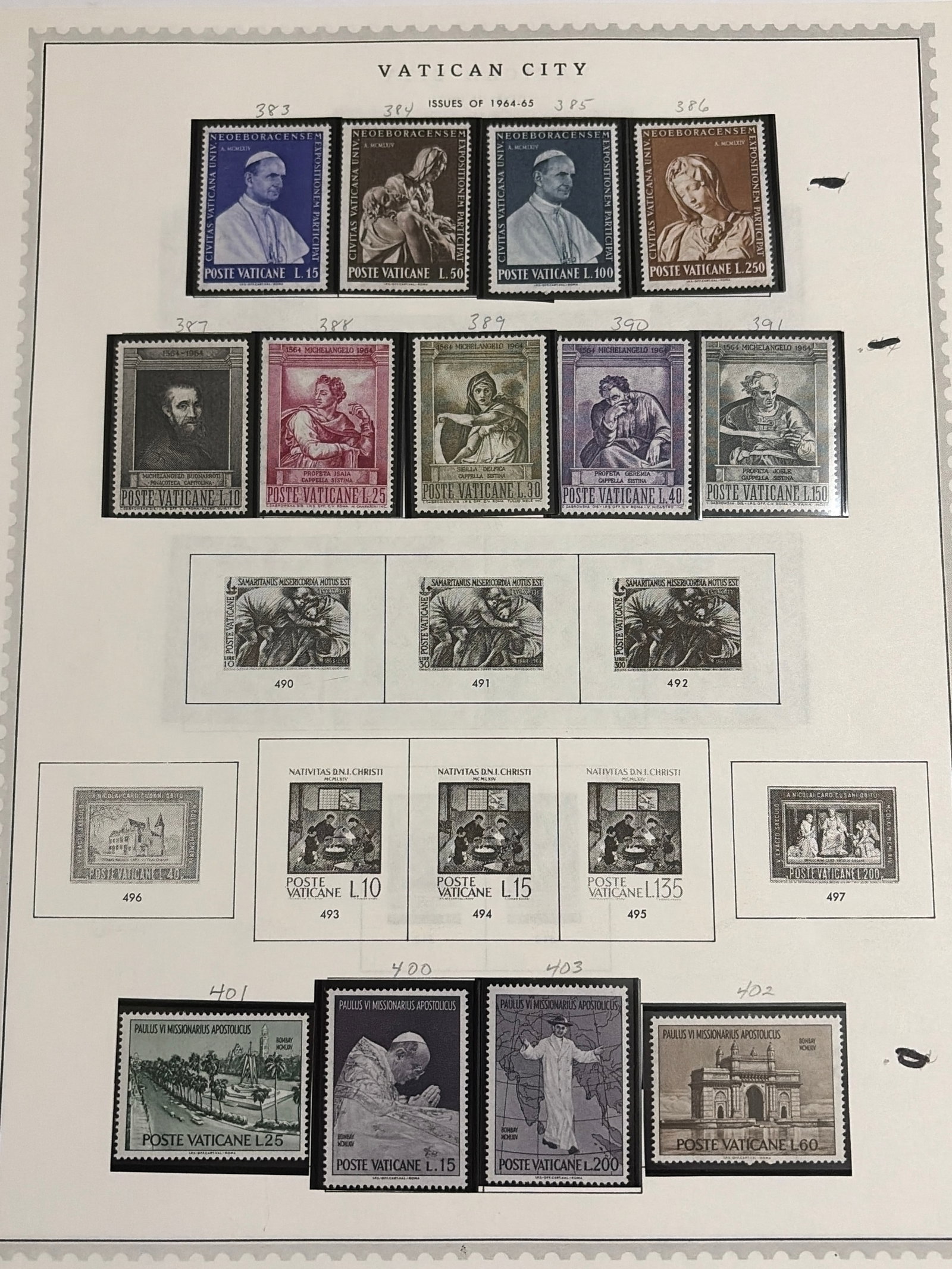 1964-1965 Vatican City Pope Paul VI Michelangelo and Missionary Stamp Sets (1 of 1)