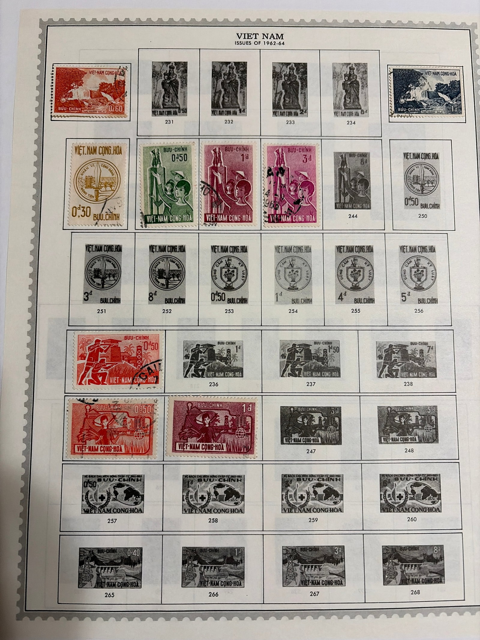 1962-1964 South Vietnam Waterfalls Military and Industry Stamp Collection: Collection of South Vietnam stamps from 1962-1964 featuring Cam Ly and Gougah waterfalls near Dalat, military and patriotic subjects, national emblems, agriculture and industrial development. Several 